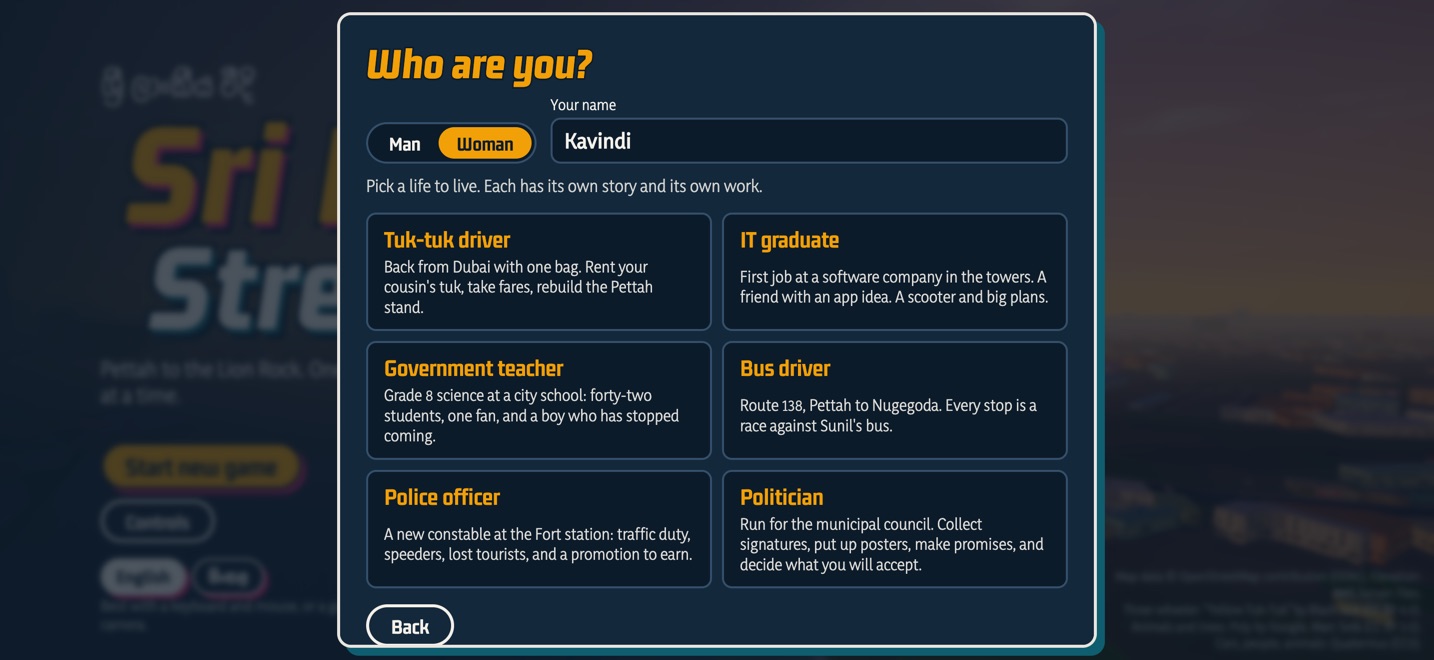 The new game screen: choose man or woman, a name, and one of six careers