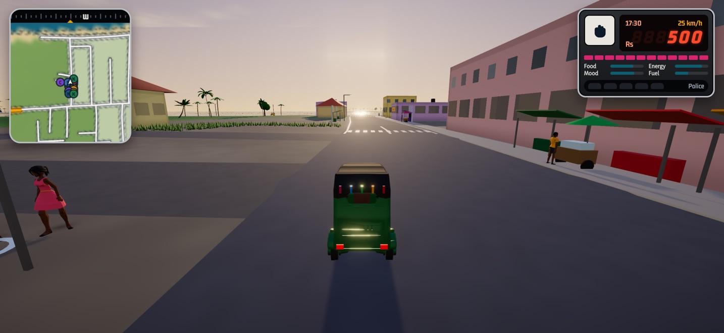 Driving a green tuk-tuk down a Colombo road at sunset, past food carts and shopfronts